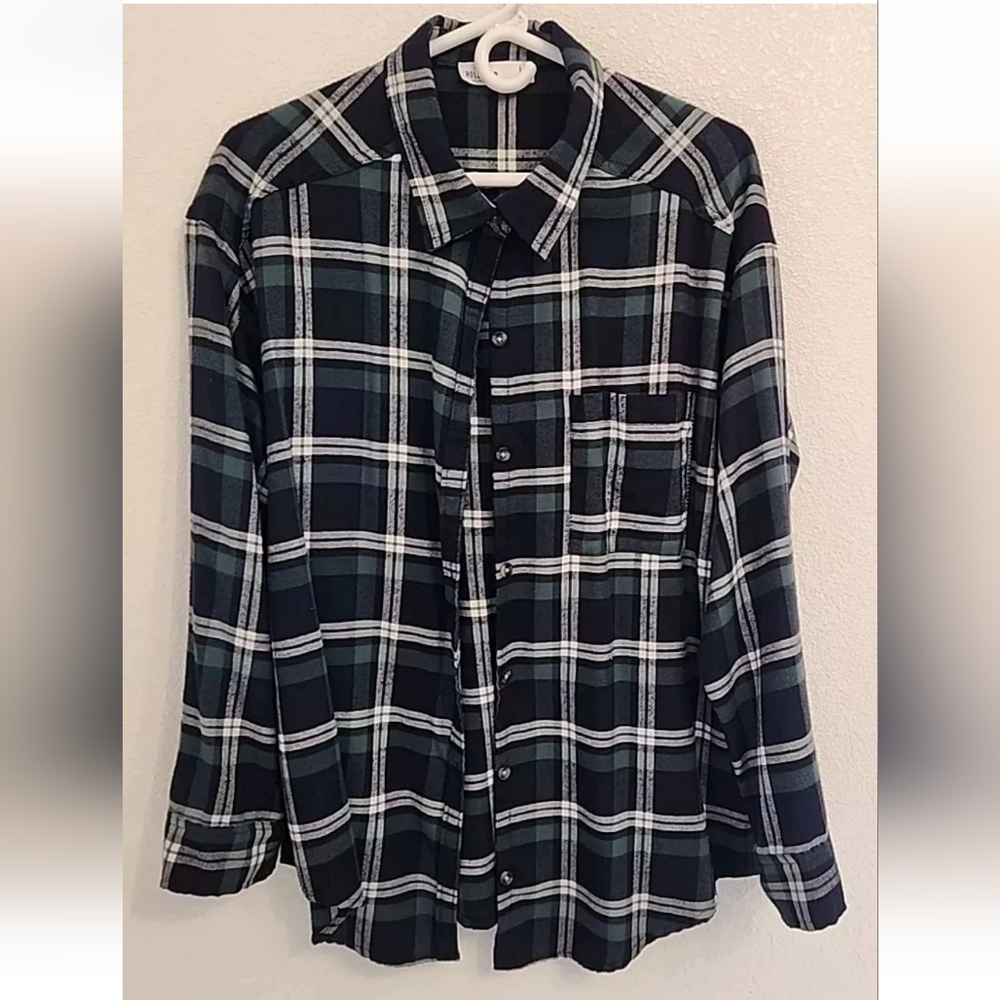 Hollister Women's Size L Green Check Tweed Heavy Cotton Long Sleeve Winter Shirt